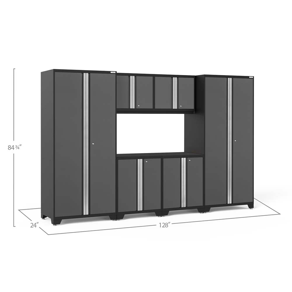 Full Garage Cabinet Storage Set In Gray Is Shown With Dimensions Of 128 Inches Wide 24 Inches Deep And 84 And Three Quarter Inches Tall