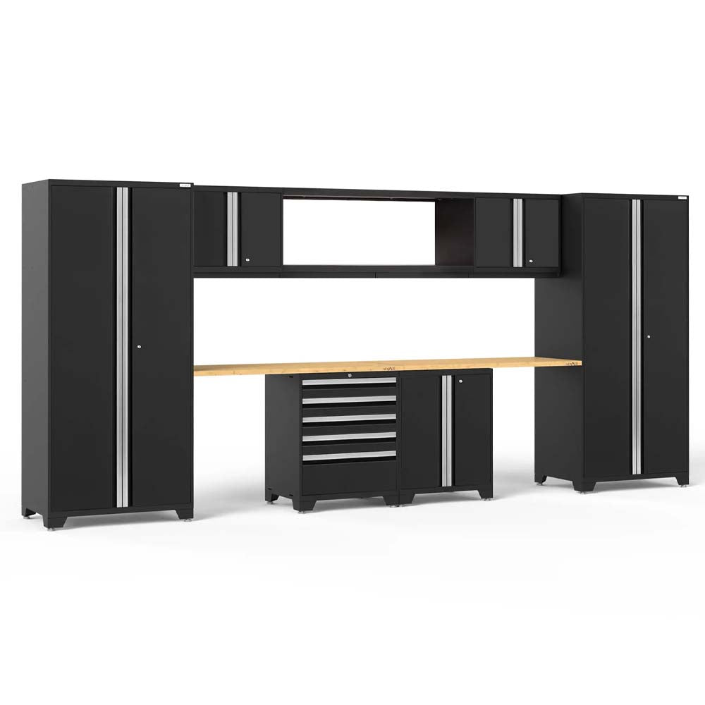 Full Wall Black Garage Cabinet Ensemble With Wood Worktop Central Tool Drawers And Tall Storage Towers On Each Side