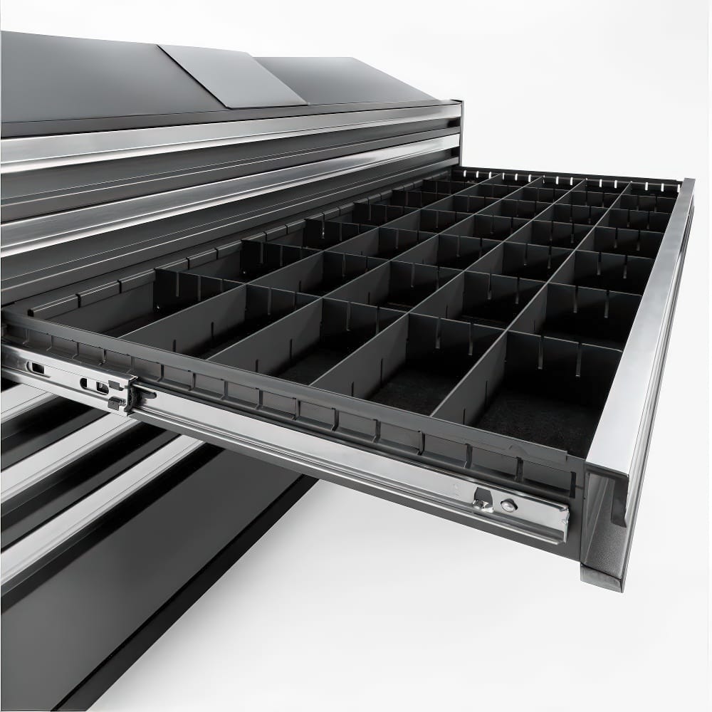 Full Width Drawer With Adjustable Plastic Dividers Extended From Metal Tool Cabinet