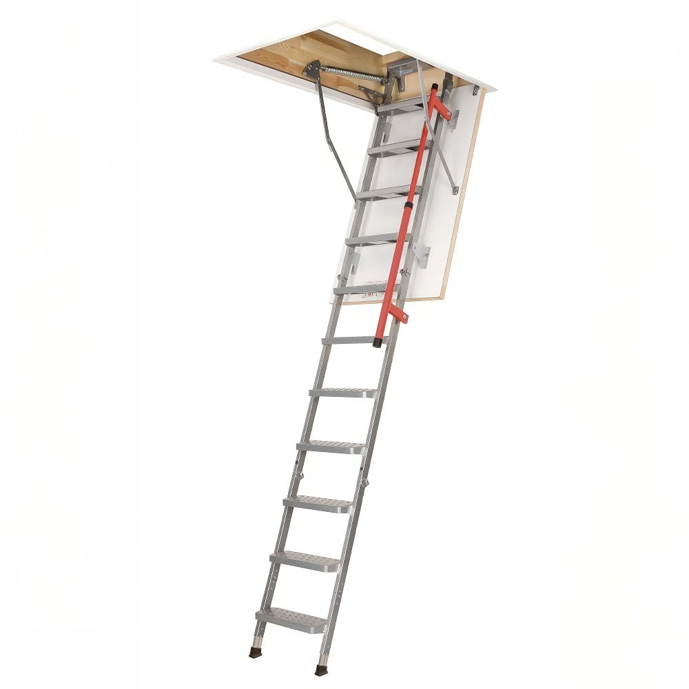Fully Extended Aluminum Attic Ladder With Wide Anti-Slip Steps And A Red Safety Handrail Mounted On A Ceiling Hatch