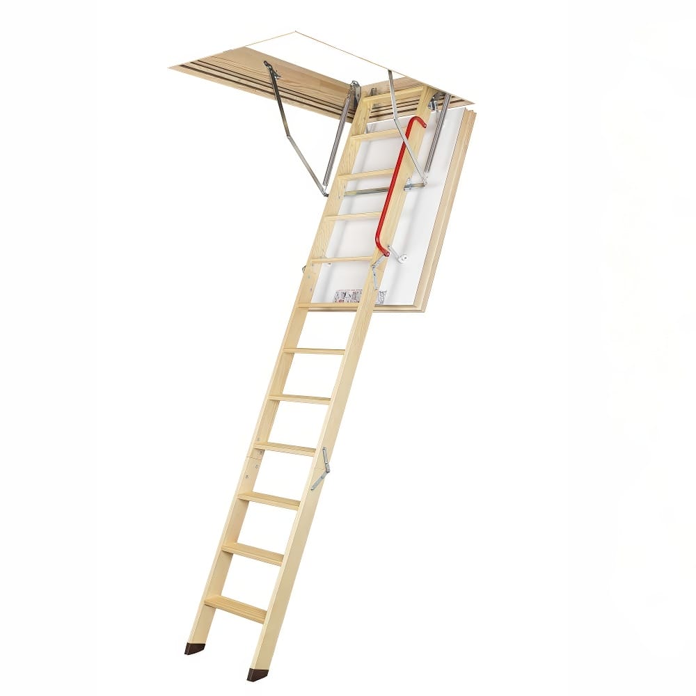 Fully Extended Attic Ladder With A Red Handrail Mounted In An Open Ceiling Hatch