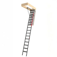 Fully Extended Black Metal Attic Ladder With A Red Handrail Attached To A Ceiling Opening Framed With Light-Colored Wood