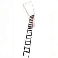 Fully Extended Black Metal Attic Ladder With Anti-Slip Steps And A Red Safety Handrail Descending From An Open Ceiling Hatch
