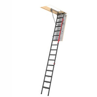 Fully Extended Black Metal Attic Ladder With Red Handrails Descending From A Ceiling Hatch Against A Plain White Background