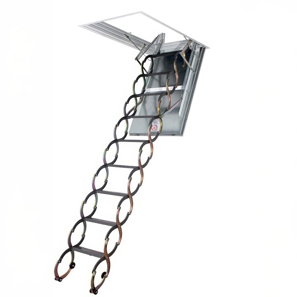 Fully Extended Retractable Attic Ladder With A Spiral-Link Design Descending From A Ceiling Hatch With A Metal Frame