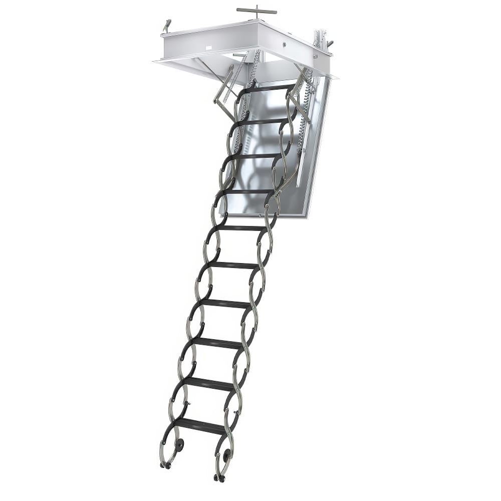 Fully Extended Scissor-Style Attic Ladder With A Metal Frame And Curved Retractable Step