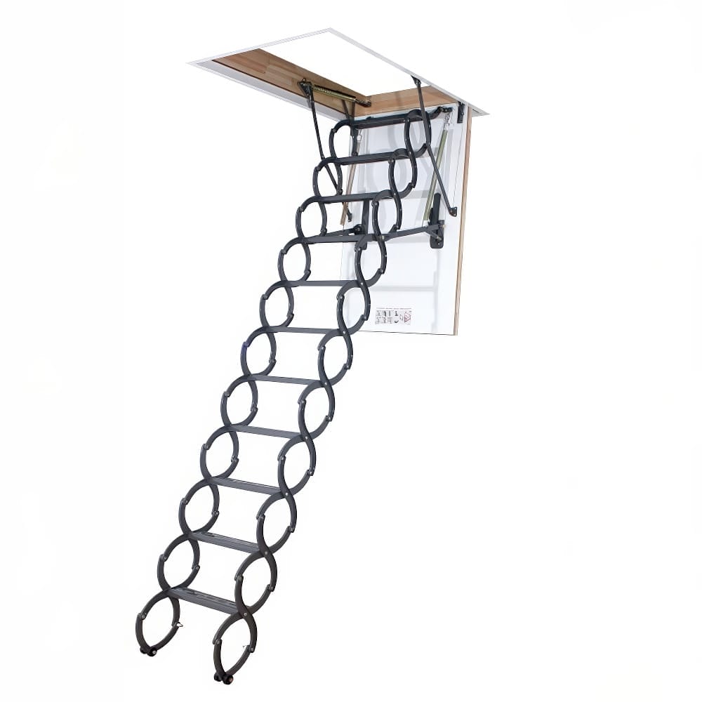 Fully Extended Scissor-Style Attic Ladder With Circular Steps Descending From A Ceiling Hatch