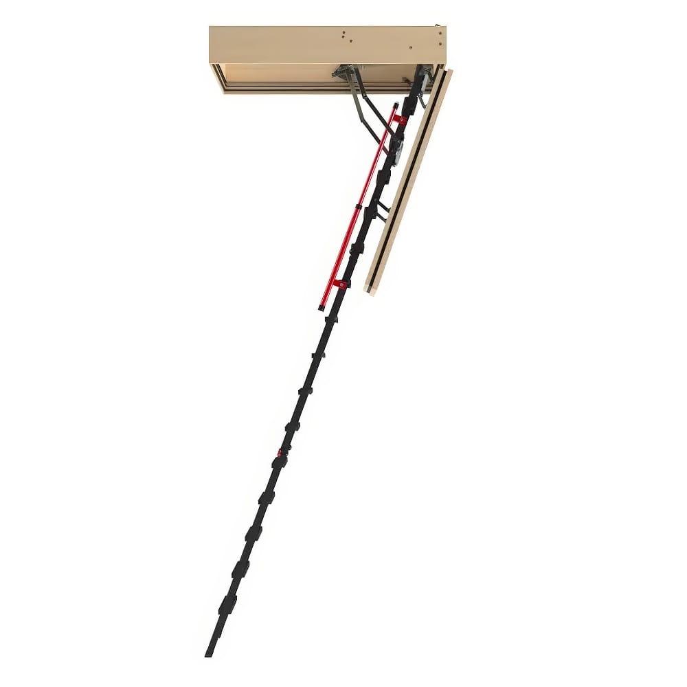 Fully Extended Slim-Profile Black Attic Ladder With A Red Handrail Attached To A Ceiling Hatch Framed