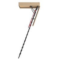 Fully Extended Slim-Profile Black Attic Ladder With A Red Handrail Attached To A Ceiling Hatch Framed