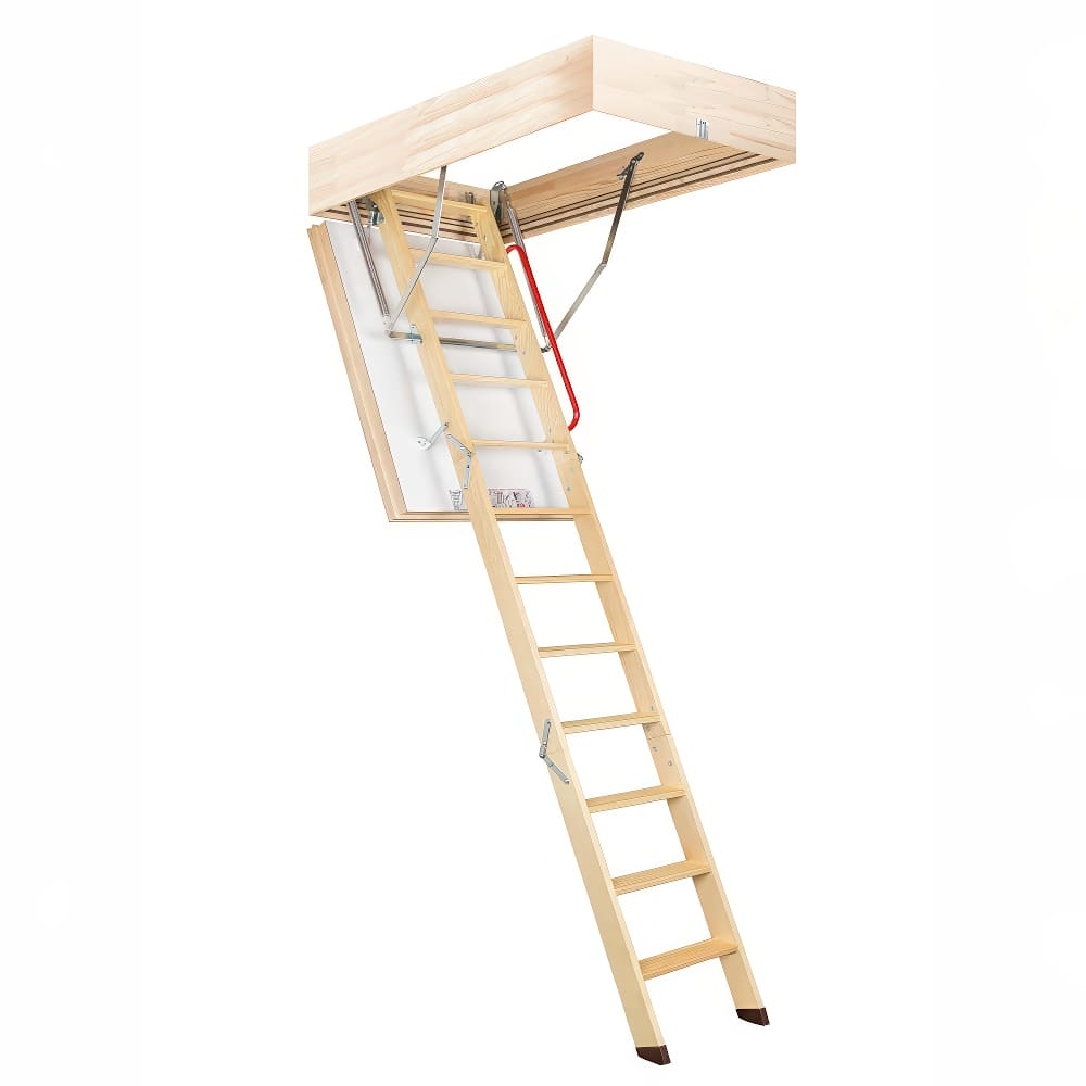 Fully Extended Wooden Attic Ladder With A Red Safety Handrail And Metal Support Arms