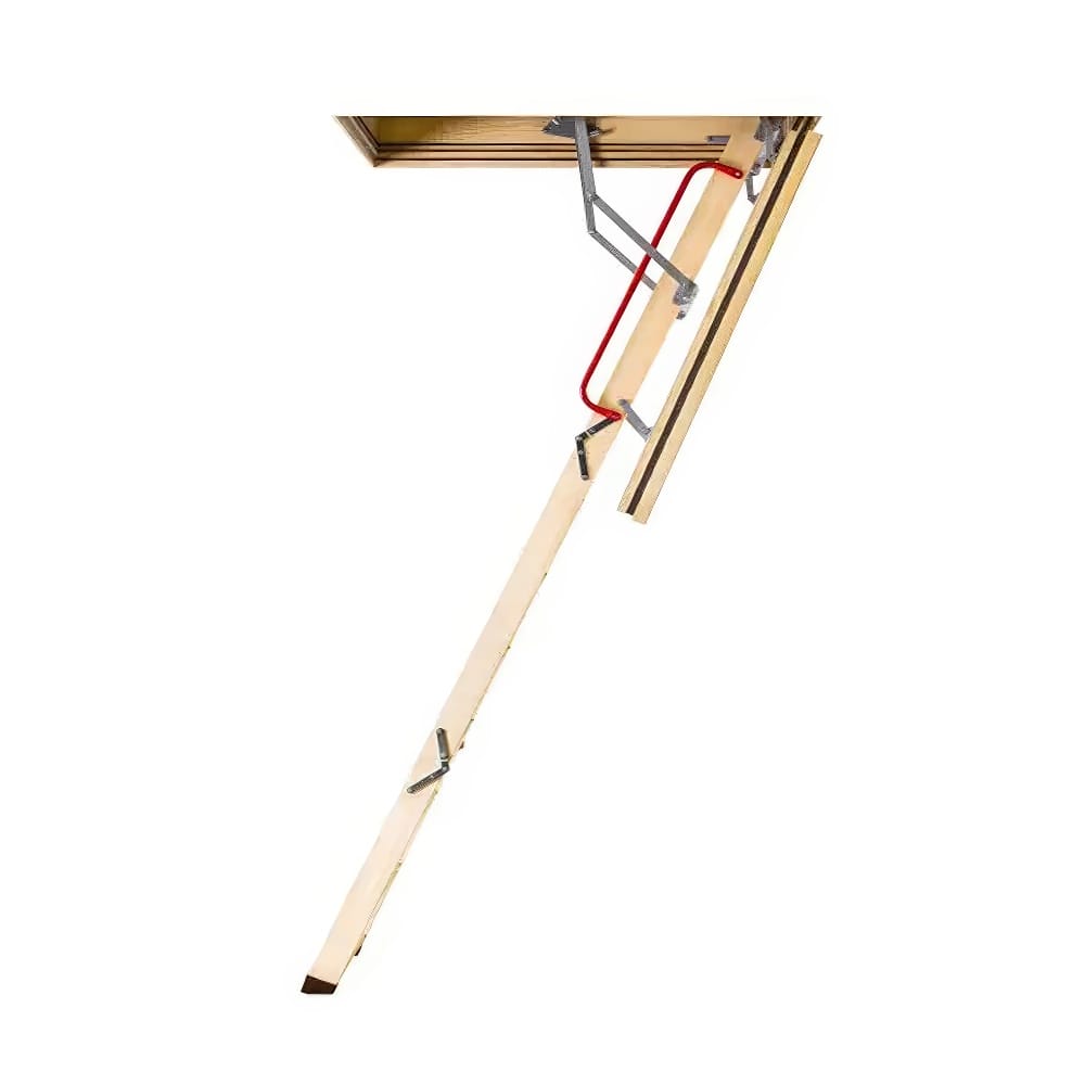Fully Extended Wooden Attic Ladder With Metal Hinges And A Red Handrail Attached To A Ceiling Hatch