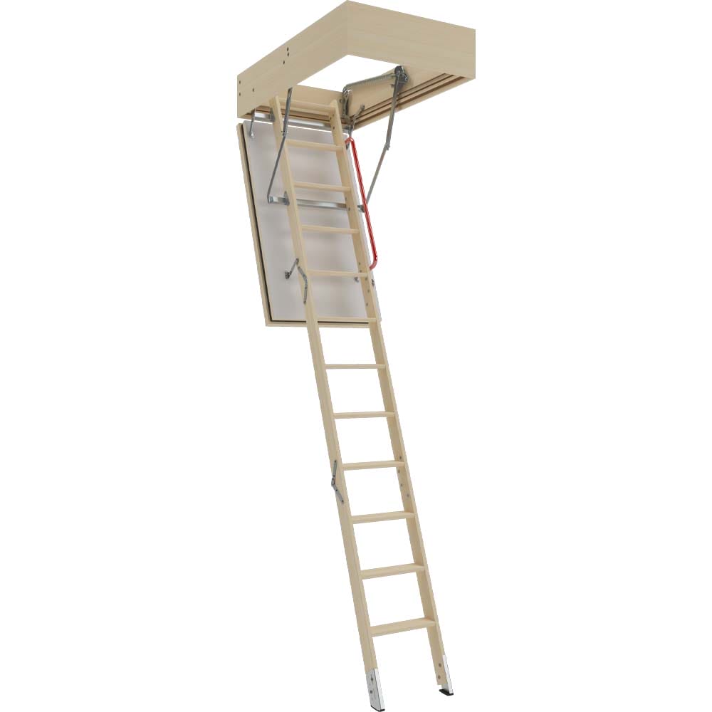 Fully Extended Wooden Attic Ladder With Metal Hinges And A Red Support Bar