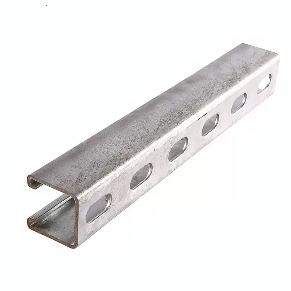 Galvanized Steel Channel Characterized By Its Elongated Form With A C-Shaped Cross-Section And Multiple Round Holes Distributed Evenly Along Its Length