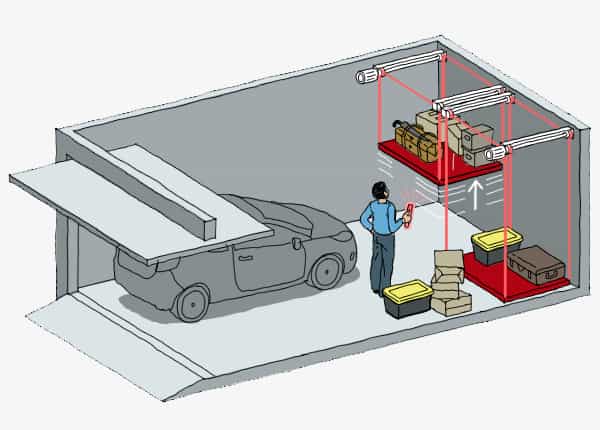 Man Operating a Motorized Ceiling Storage Platform Lift in a Garage