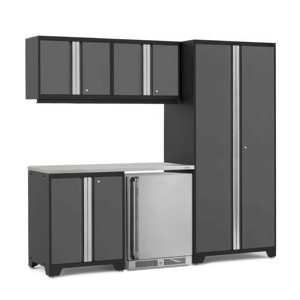 Garage Cabinet Configuration With Tall Locker Wall Cabinets Base Storage And Stainless Mini Fridge