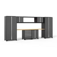 Garage Cabinet Configuration With Tall Towers Upper Cubbies Wood Worktop And Central Drawer Base Unit