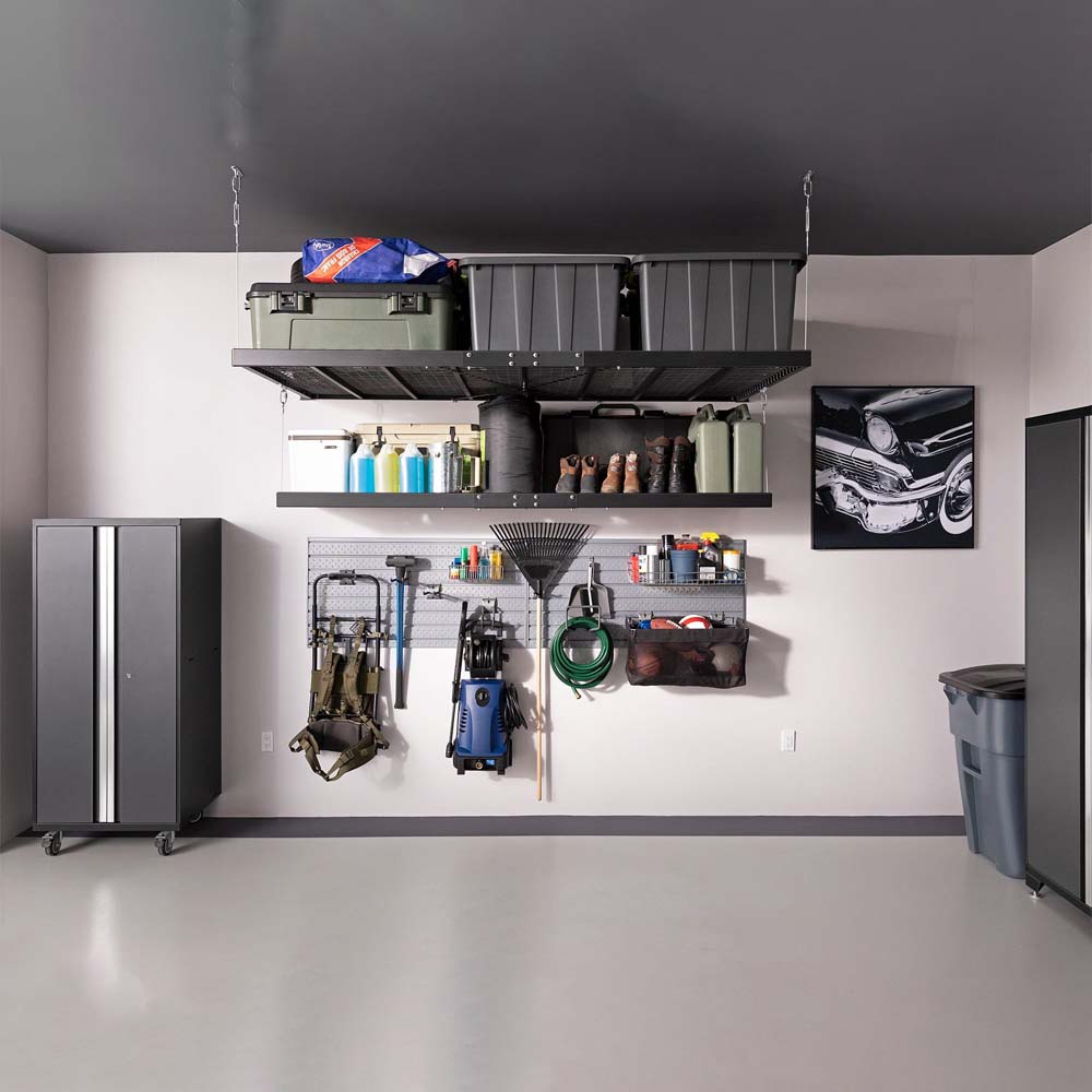 Garage Cabinet Corner Set Pro 3.0 16 Piece Featuring Ceiling Mounted Storage Racks Holding Bins And Equipment