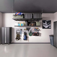 Garage Cabinet Corner Set Pro 3.0 16 Piece Featuring Ceiling Mounted Storage Racks Holding Bins And Equipment