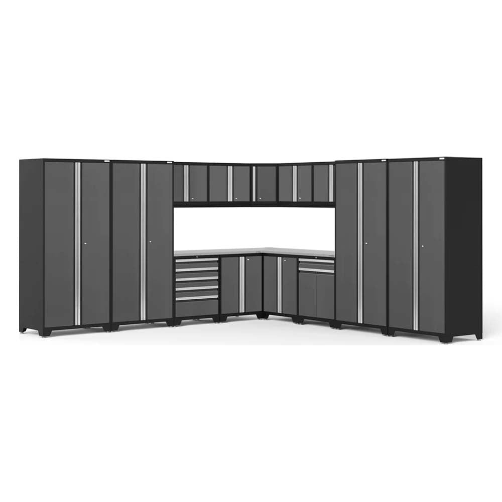 Garage Cabinet Corner Set Pro 3.0 16 Piece In A Black And Gray Color Featuring Tall Cabinets, Drawers, Wall Cabinets, And A Corner Unit