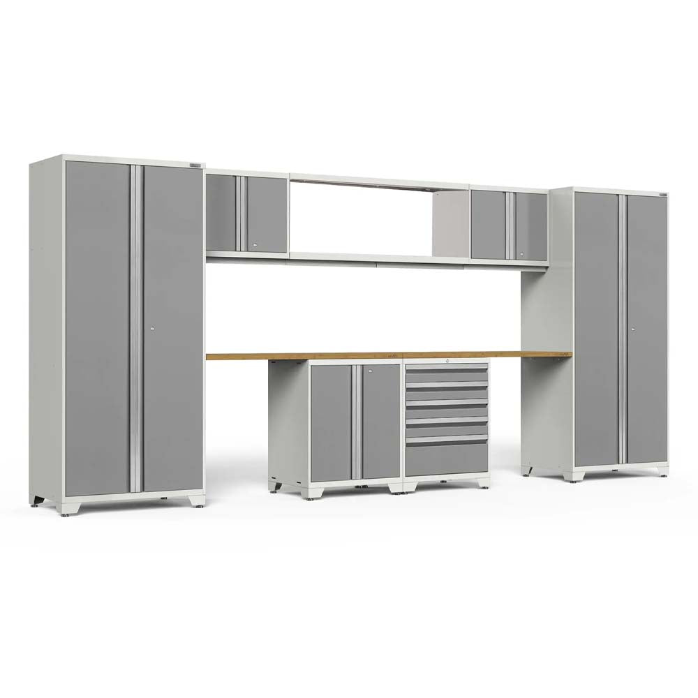 Garage Cabinet Ensemble With Wood Worktop Tall Storage Towers And Central Drawer Base Unit