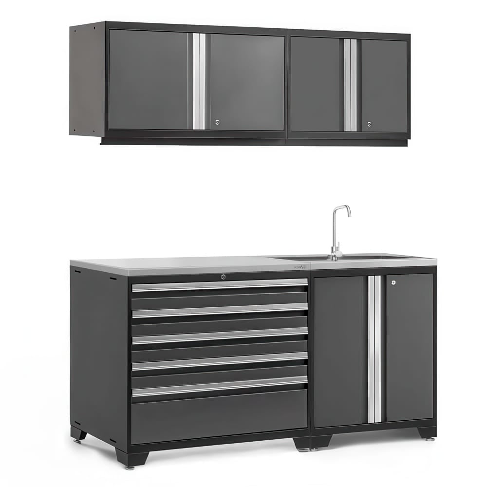 Garage Cabinet Kit With Glossy Gray Wall Cabinets Large Drawer Base And Integrated Sink On A Stainless Worktop
