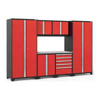 Garage Cabinet Set 7 Piece Pro 3.0 Series Featuring A Combination Of Tall Cabinets, Upper Cabinets, And A Central Workbench Area