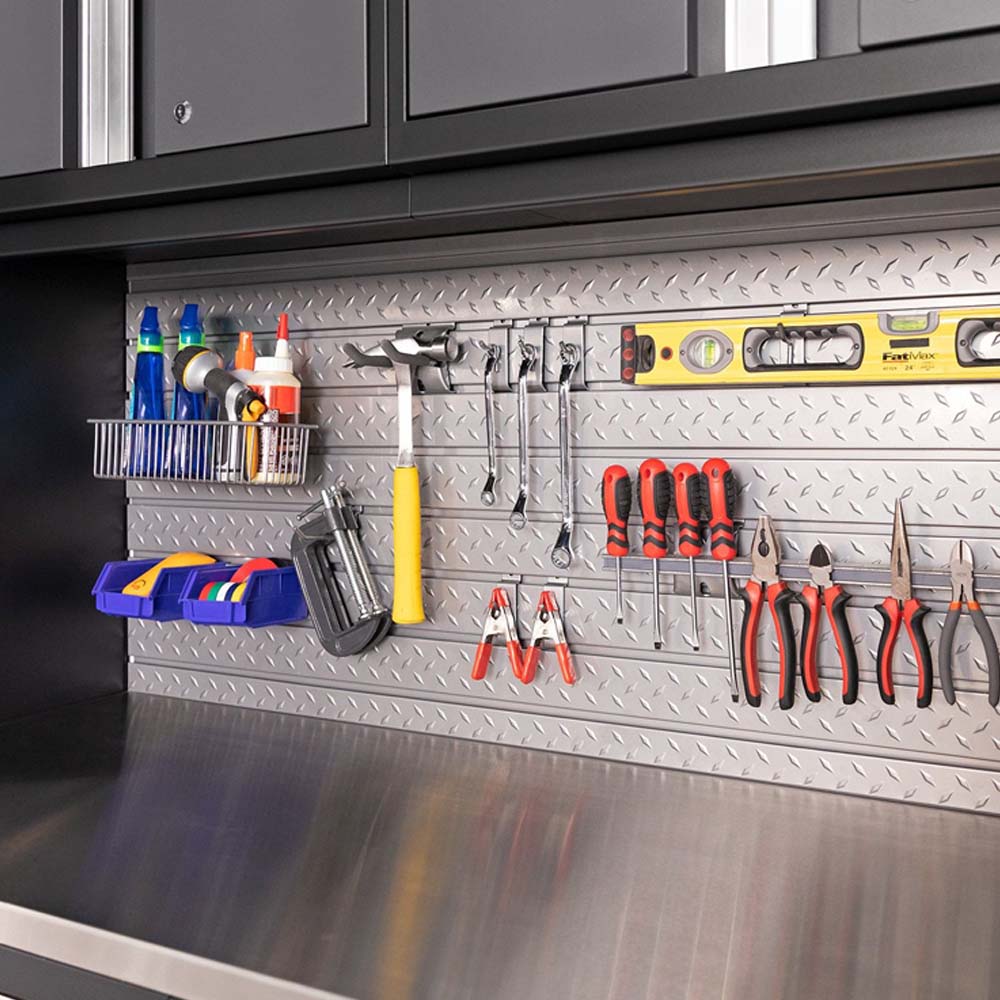 Garage Cabinet Set Pro 3.0 8 Piece With Tool Cabinets Featuring A Diamond Plate Metal Pegboard