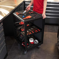 Garage Cabinet Set Pro 3.0 9 Piece With Utility Cart With Multiple Shelves Showcases An Array Of Red Handled Hand Tools