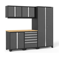 Garage Cabinet Set Pro 3.0 Series 6 Piece With A Tall Cabinet, Upper Wall Cabinets, And A Wooden Top Workbench