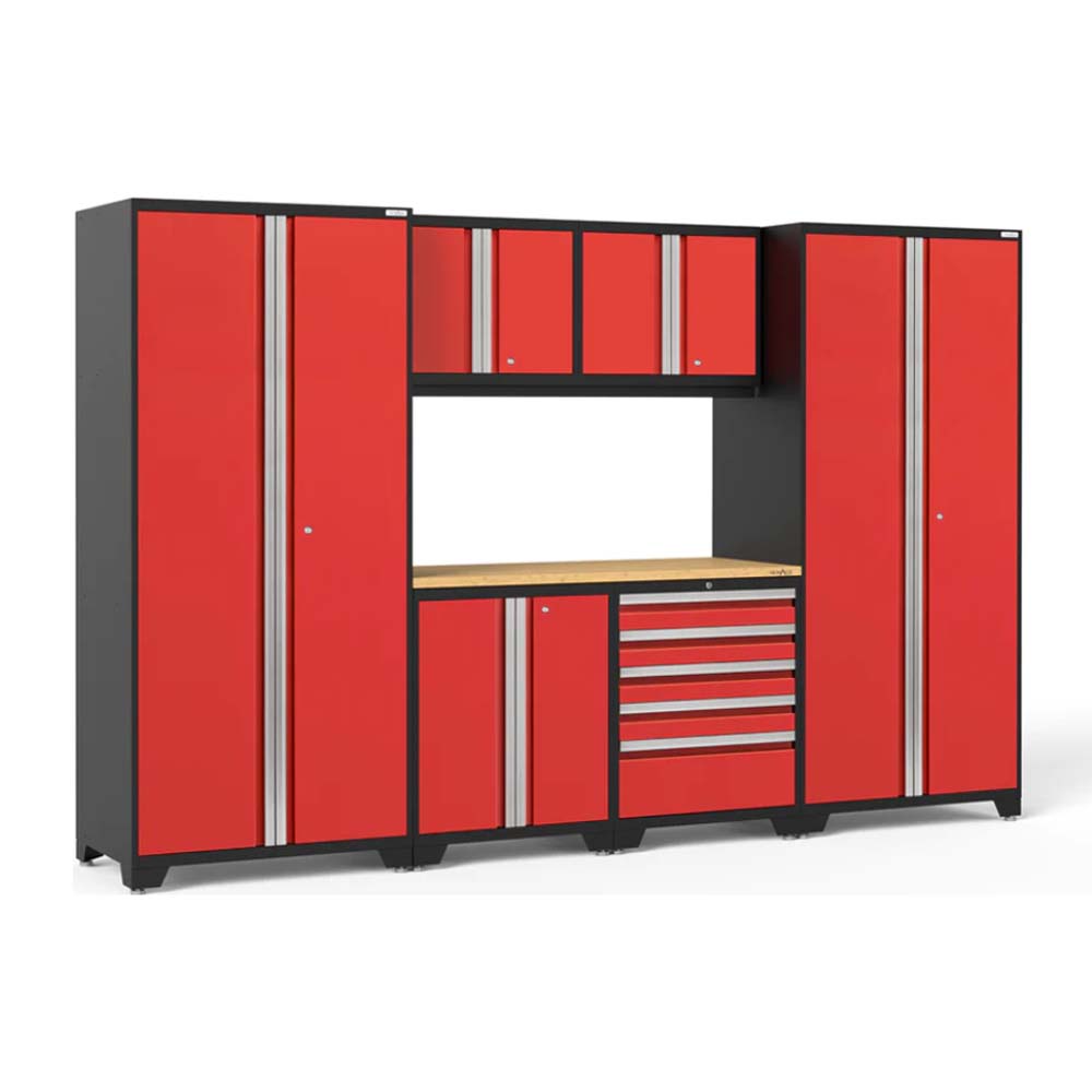 Garage Cabinet Set Pro 3.0 Series 7 Piece Featuring Vibrant Red Cabinet Doors And Drawers Contrasted With A Black Frame