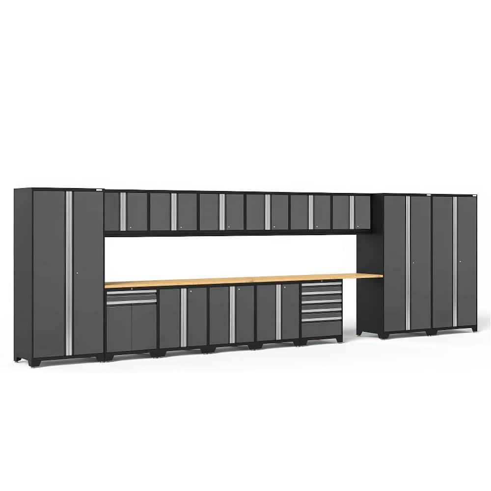 Garage Cabinet Set With Overhead Wall Cabinets Base Storage Tall Lockers And A Bamboo Worktop