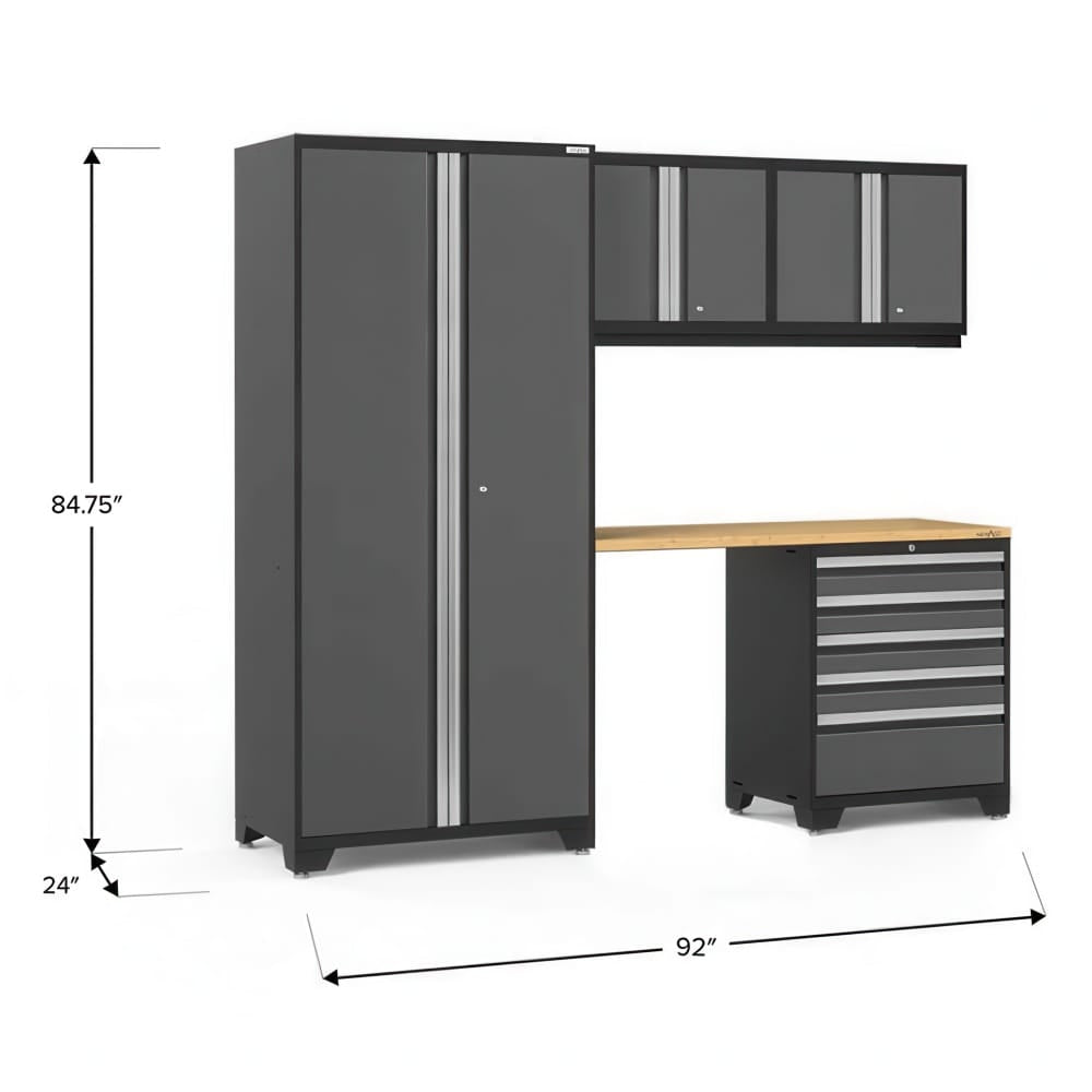 Garage Cabinet Set With Tall Locker Wall Cabinets And Wood Worktop Shown With Dimensions