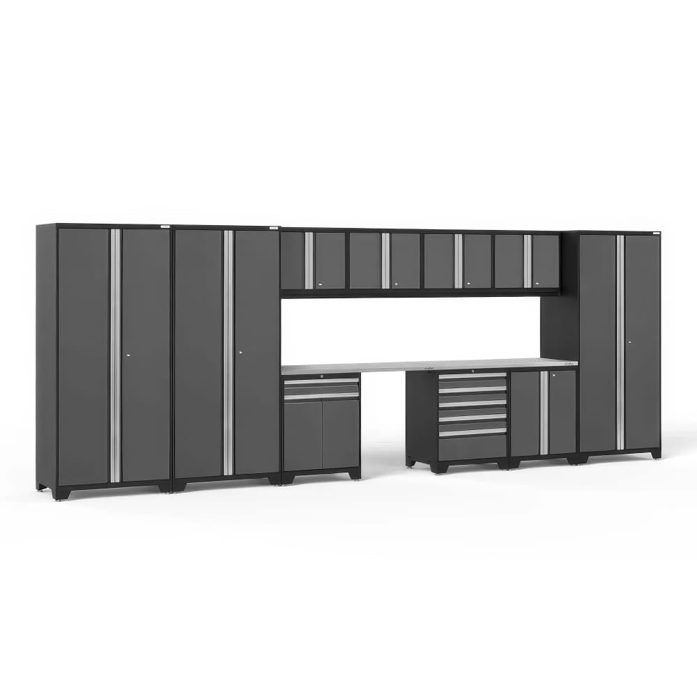 Garage Cabinet Set With Two Tall Lockers Upper Wall Cabinets And A Center Workbench Flanked By Shelving And Tool Drawers