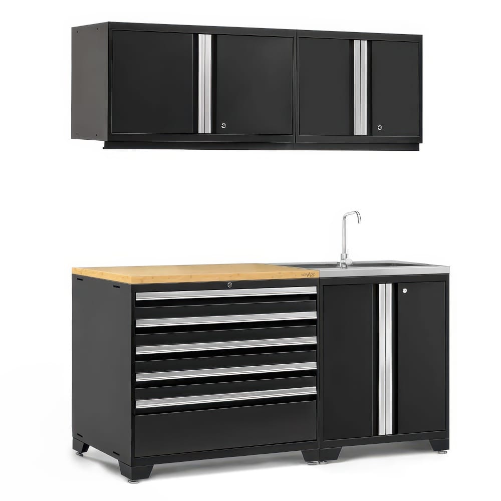 Garage Cabinet Set With Wood Top Tool Chest Base Wall Mounted Storage And Integrated Sink