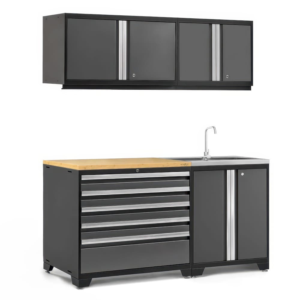 Garage Cabinet Set With Wood Top Tool Drawers Upper Wall Storage And Integrated Sink