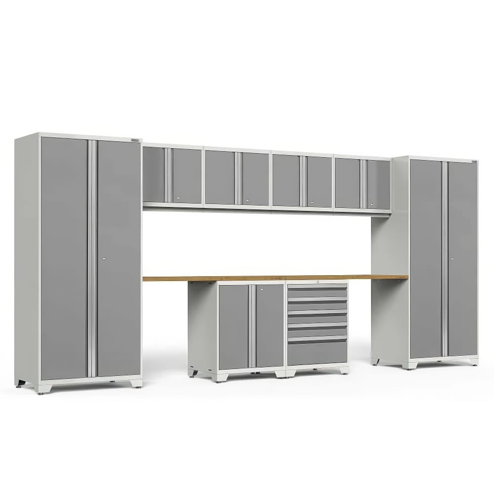 Garage Cabinet System Featuring Tall Lockers Upper Storage Units A Wood Work Surface And A Central Tool Chest