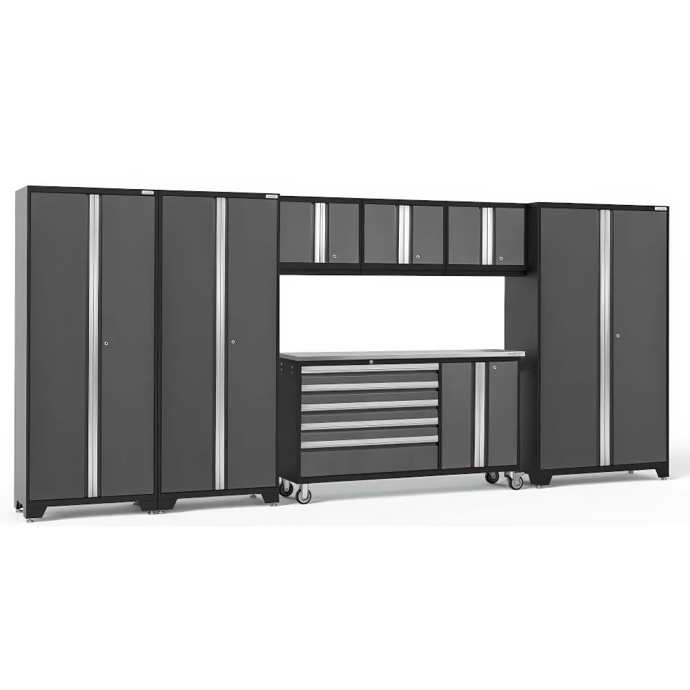 Garage Cabinet System In Dark Gray Includes Tall Lockers Upper Wall Mounted Storage And A Central Rolling Workbench 