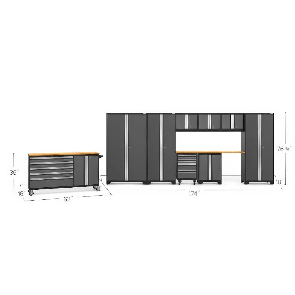 Garage Cabinet System With Dimensions Featuring Tall Lockers Wall Cabinets A Wood Worktop A Mobile Tool Chest And A 62-Inch Drawer Unit On Casters