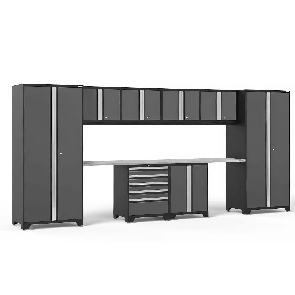 Garage Cabinet System With Sleek Silver Handles Featuring Overhead Storage Tall Lockers A Work Surface And A Lower Tool Chest