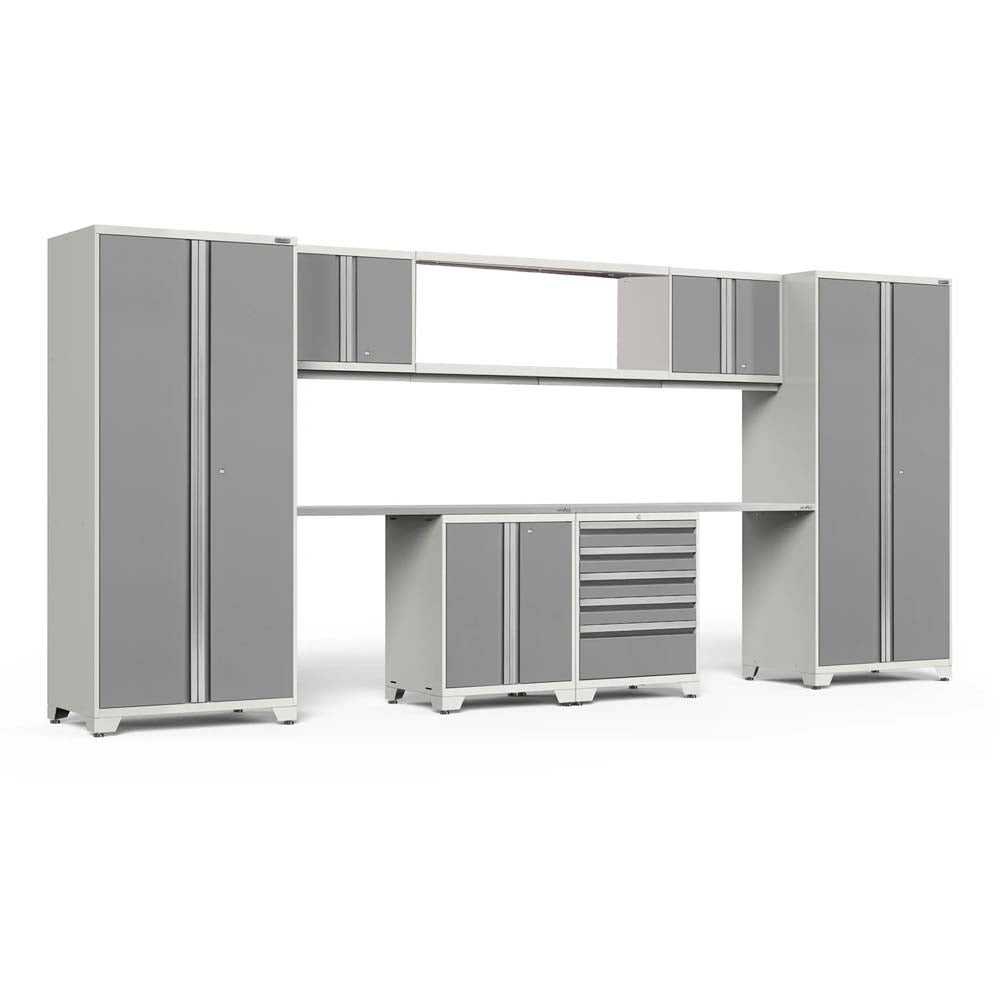 Garage Cabinet System With Tall Pantries Overhead Storage And Central Workbench With Drawer Unit