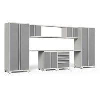 Garage Cabinet System With Tall Pantries Overhead Storage And Central Workbench With Drawer Unit