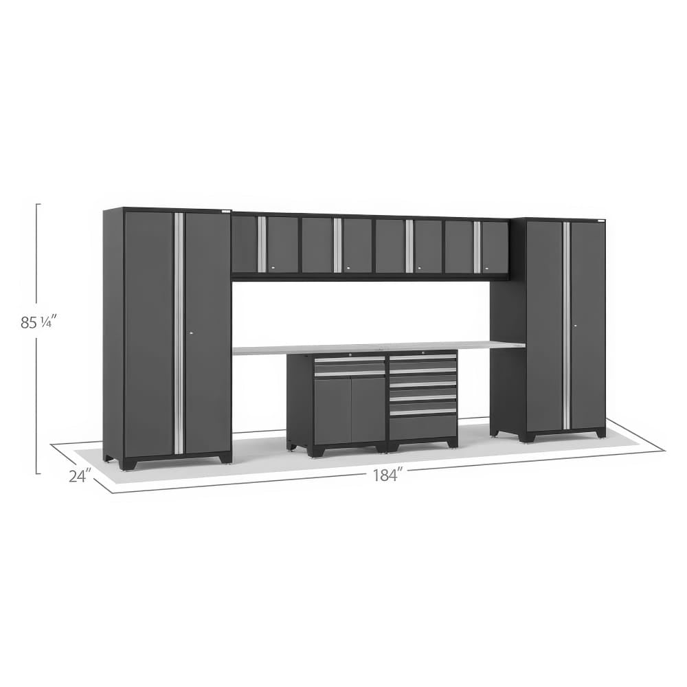 Garage Cabinet System With Two Tall Towers Overhead Wall Cabinets And A Central Workbench Measuring 85 14 Inches Tall 24 Inches Deep And 184 Inches Wide
