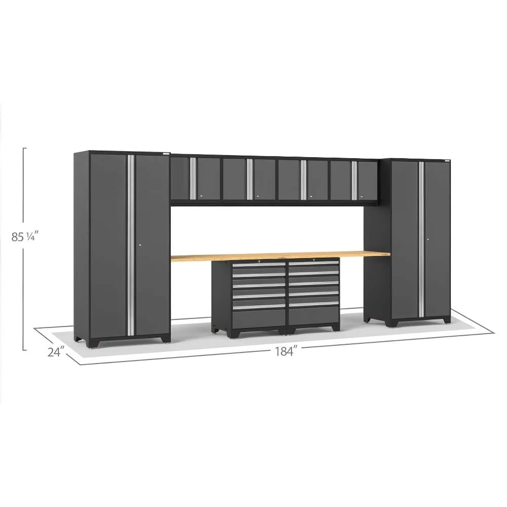 Garage Cabinet System With Wood Worktop Shown At 184 Inches Wide 24 Inches Deep And 85 1/4 Inches Tall