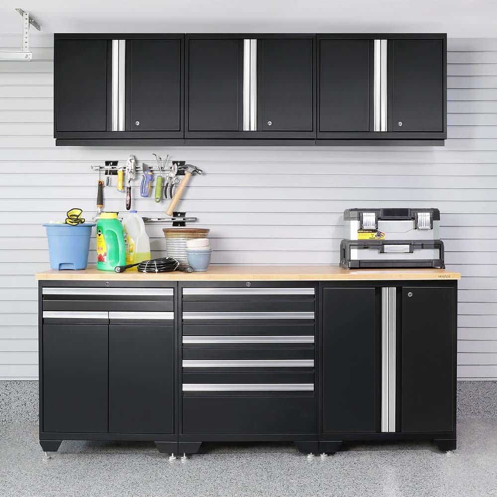 Garage Cleanup Station Features Black Cabinets A Wood Worktop And Slatwall With Hanging Tools And Cleaning Supplies