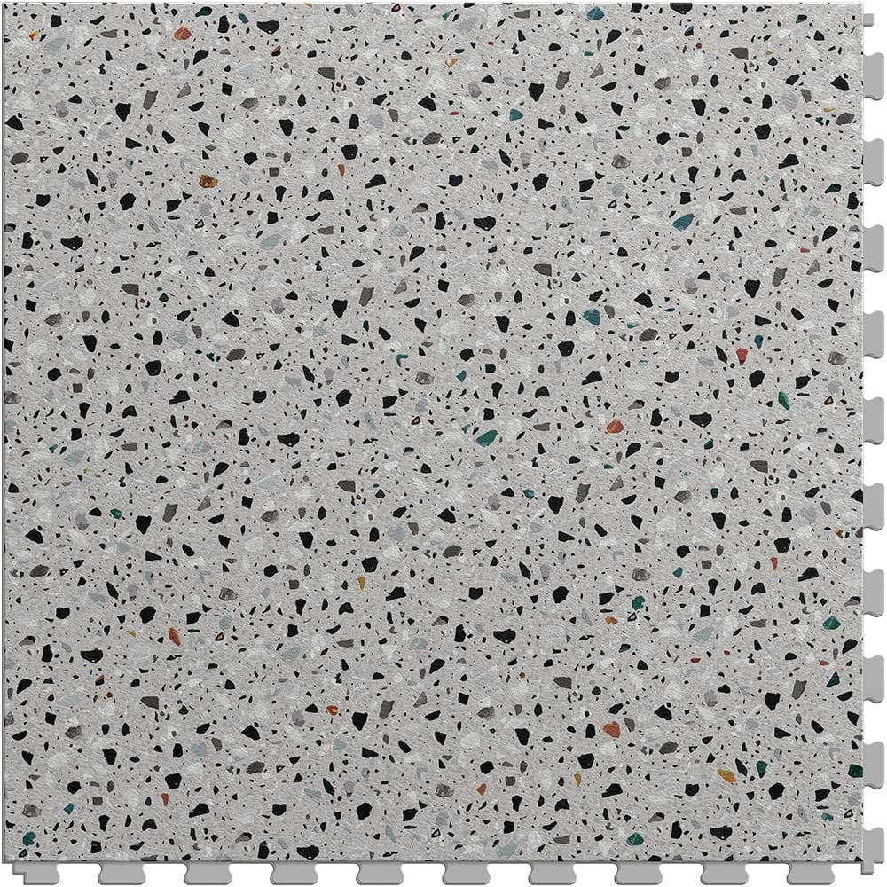 Garage Interlocking Floor Tiles By Perfection Tile Featuring A Speckled Pattern With Various Small Irregularly Shaped Pieces