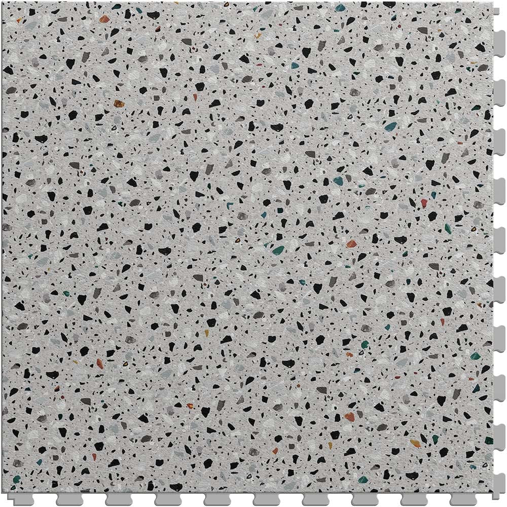 Garage Interlocking Floor Tiles By Perfection Tile Featuring A Speckled Pattern With Various Small Irregularly Shaped Pieces
