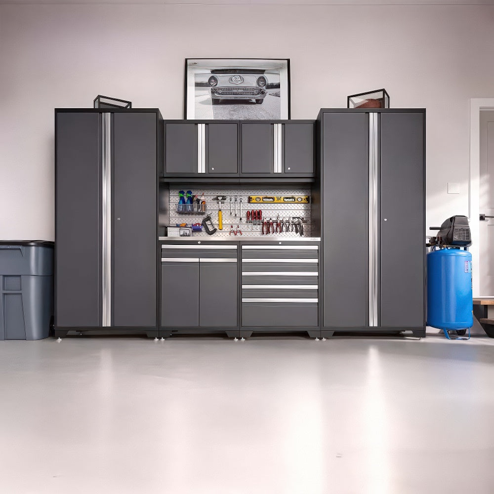 Garage Setup Showcases A Wall-Mounted Cabinet System With Organized Tools