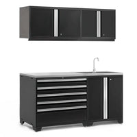Garage Storage Kit With Stainless Top Drawer Base Cabinet Overhead Wall Cabinets And Built In Sink