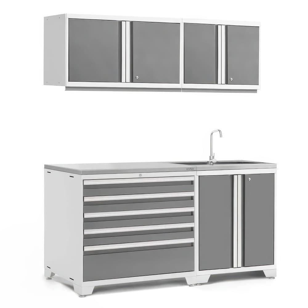 Garage Storage Kit With Stainless Top Drawer Base Cabinet Overhead Wall Cabinets And Integrated Sink