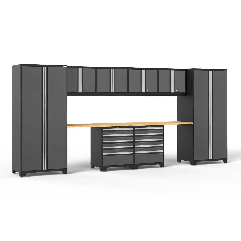 Garage Storage Set With Two Tall Lockers Overhead Cabinets Wood Worktop And Dual Rolling Tool Chests